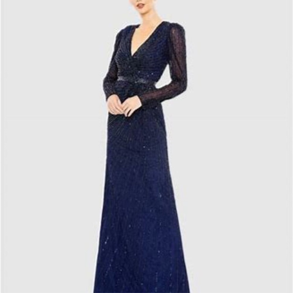 Mac Duggal NWT Midnite Blue Sequin Long Sleeve Faux Wrap Maxi Dress Size 8 #5715